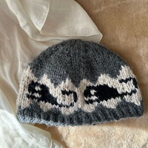 Gray and Black Wool Knit Beanie Hat with Whale Pattern